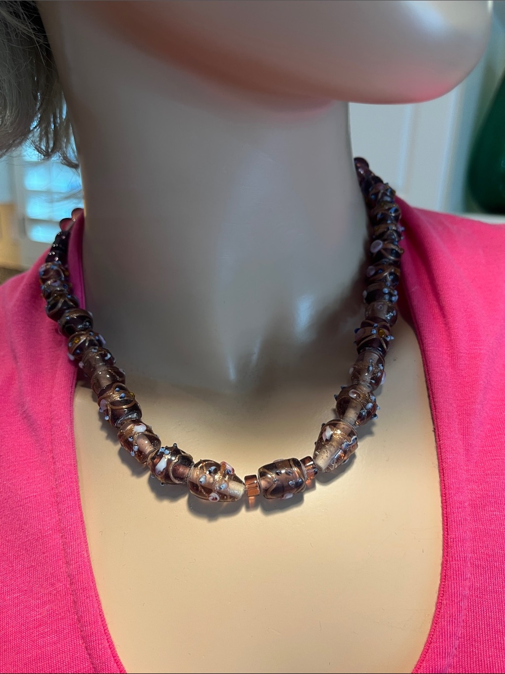 Elegant Vintage Venetian Murano style Pink & Gold Bead/Bauble Lamp work Necklace